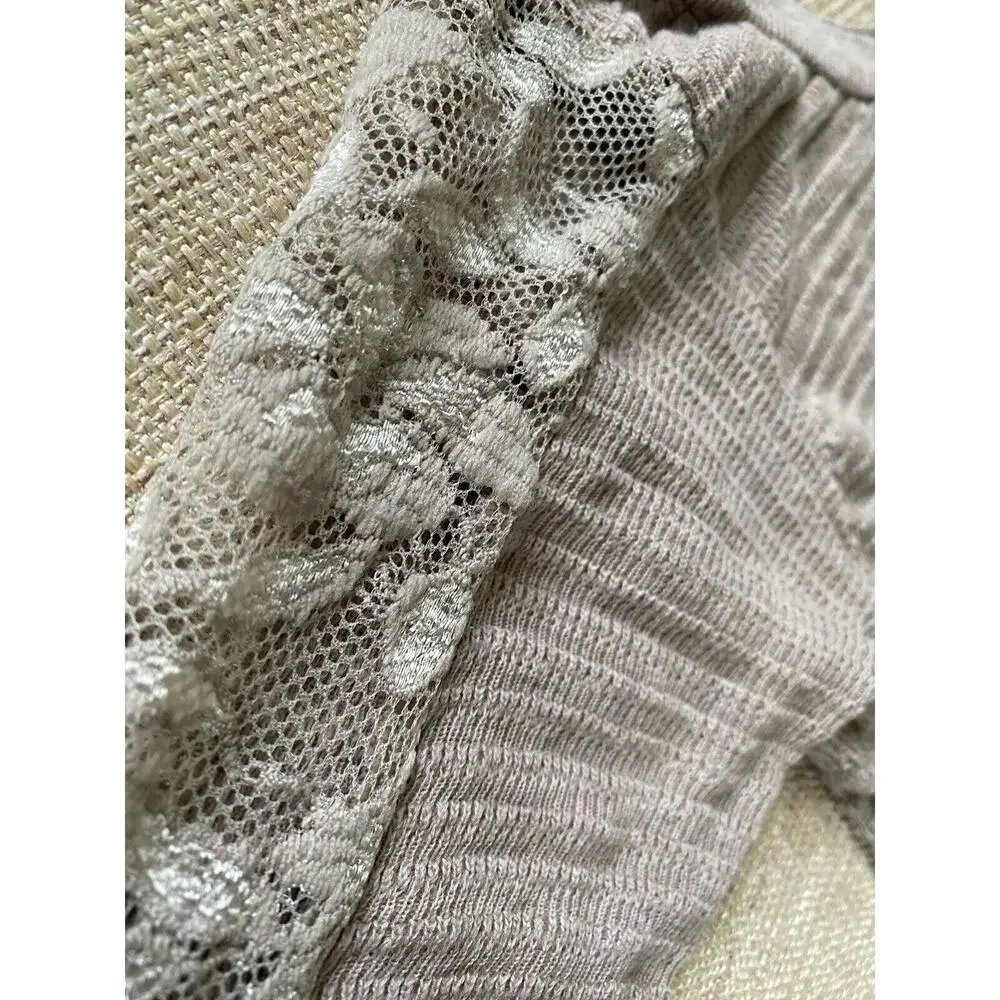 FREE PEOPLE Waffle Knit Crew Neck Long Lace Sleeves Tee Shirt L